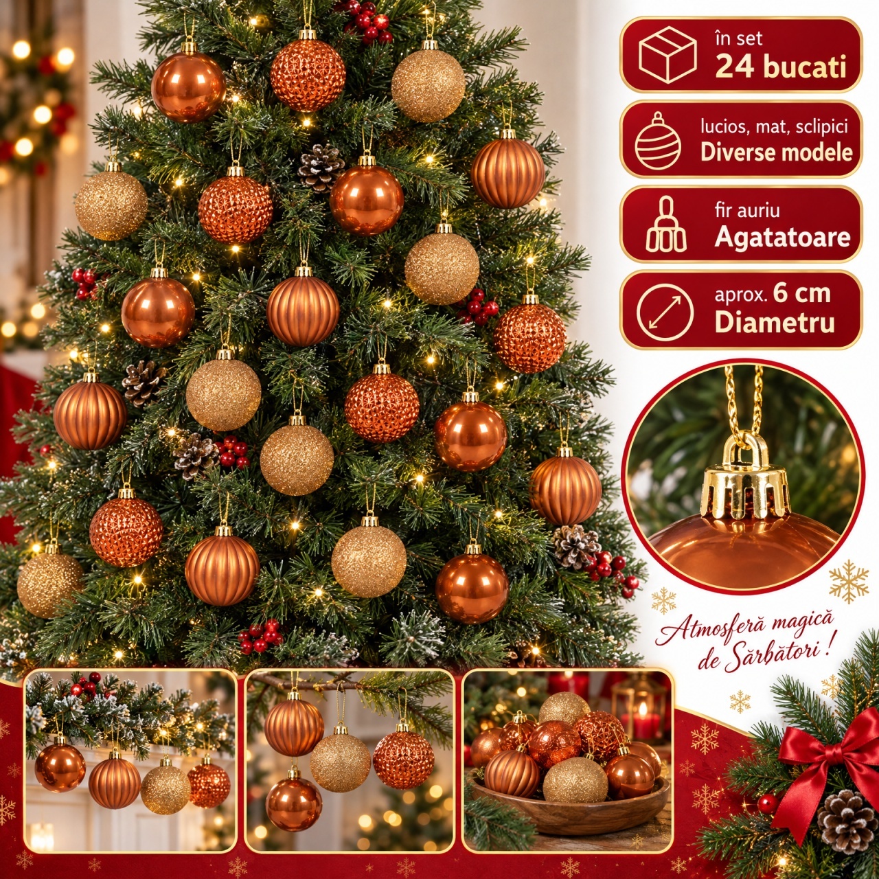Set de 24 globuri de Crăciun portocalii, din plastic, modele diversein set, 6 cm