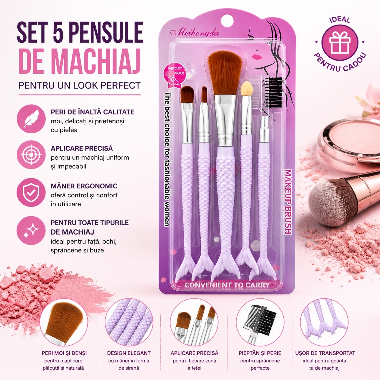 Set de 5 Pensule de Machiaj Mov – Pensule Profesionale în Formă de Sirenă 2