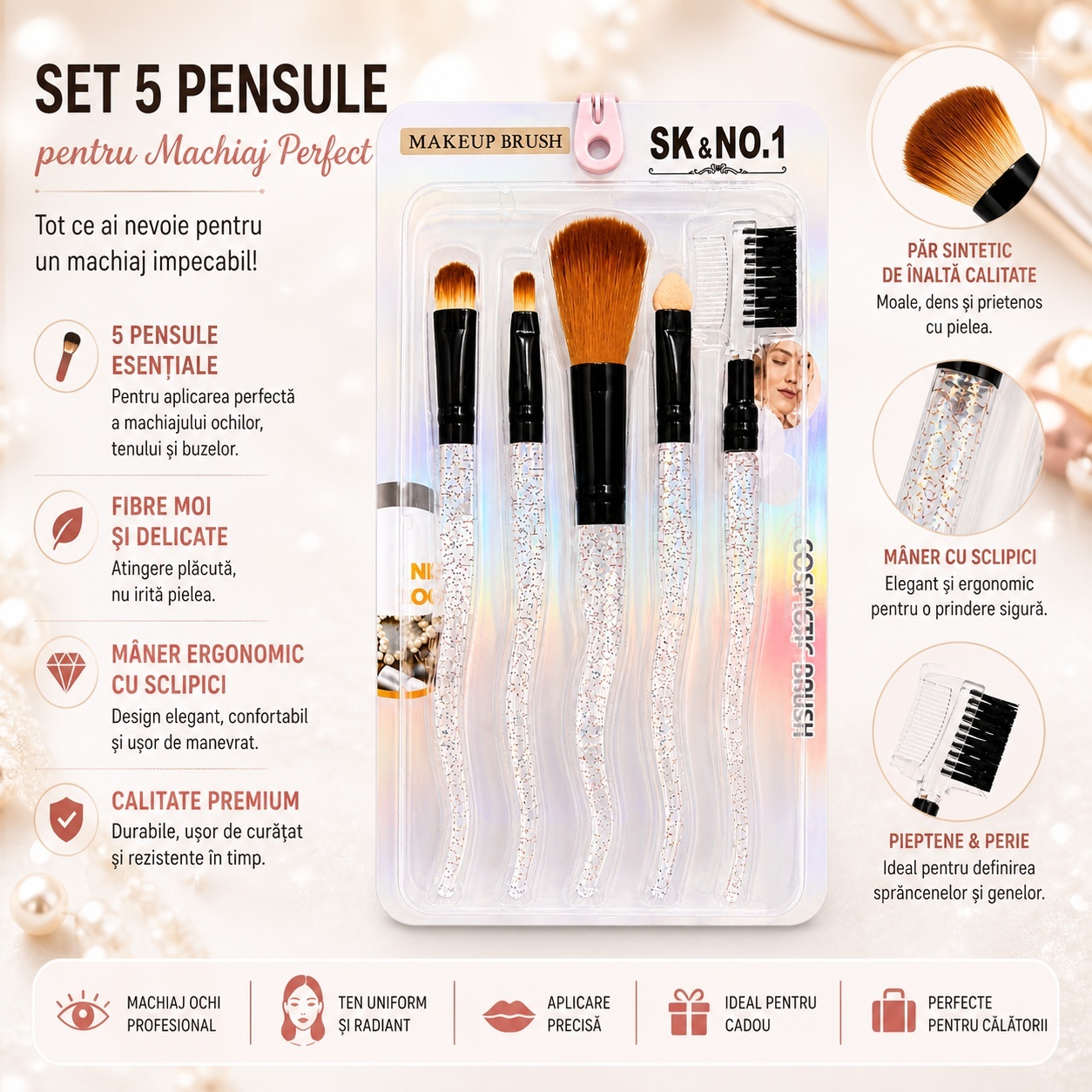 Set de 5 Pensule Profesionale pentru Machiaj – Mânere cu Sclipici Multicolor și Fibre Ultra-Moi 2