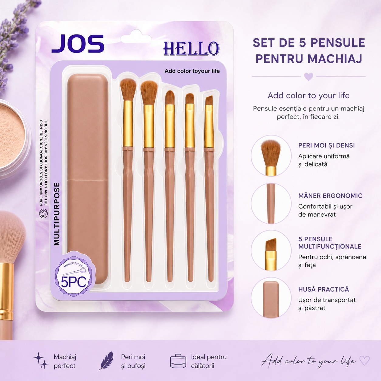 Set de 5 Pensule Profesionale pentru Machiaj Bej– cu Husă pentru Transport 2
