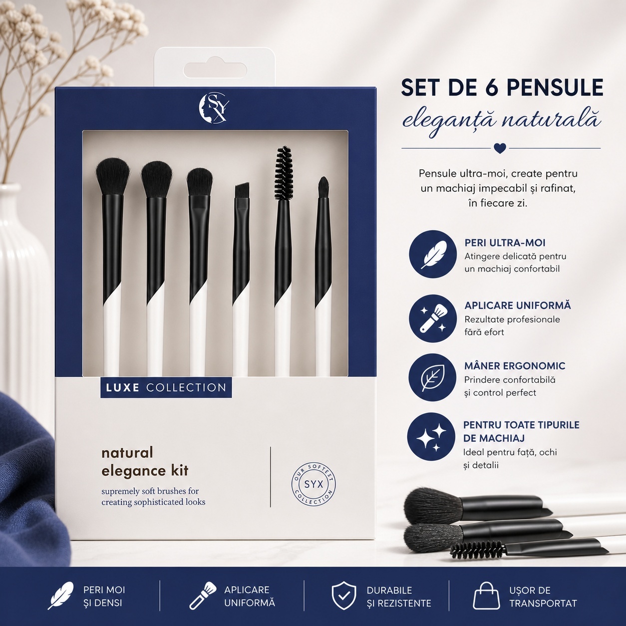 Set de 6 Pensule Profesionale pentru Machiaj Luxe Collection – Peri Ultra-Moi, Design Elegant Albastru Închis 2