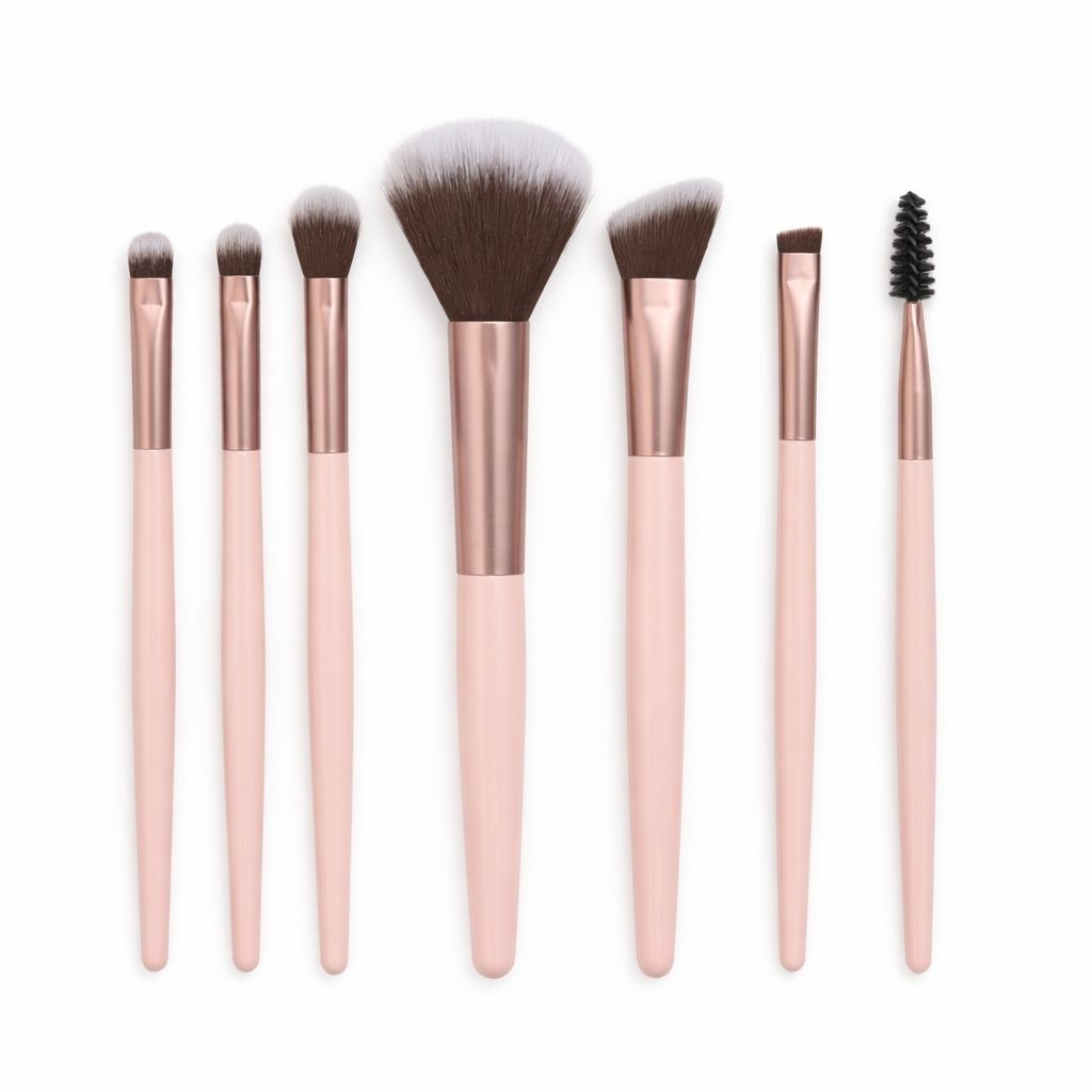 Set de pensule machiaj profesionale, 7 bucăți, fibre sintetice moi, culori mov și roz 2