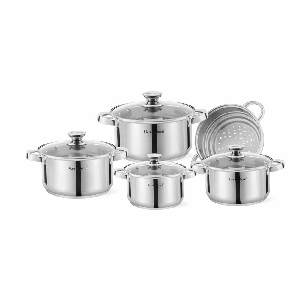 Set oale din oțel inoxidabil cu capace din sticlă și strecurătoare, 9 piese, Argintiu