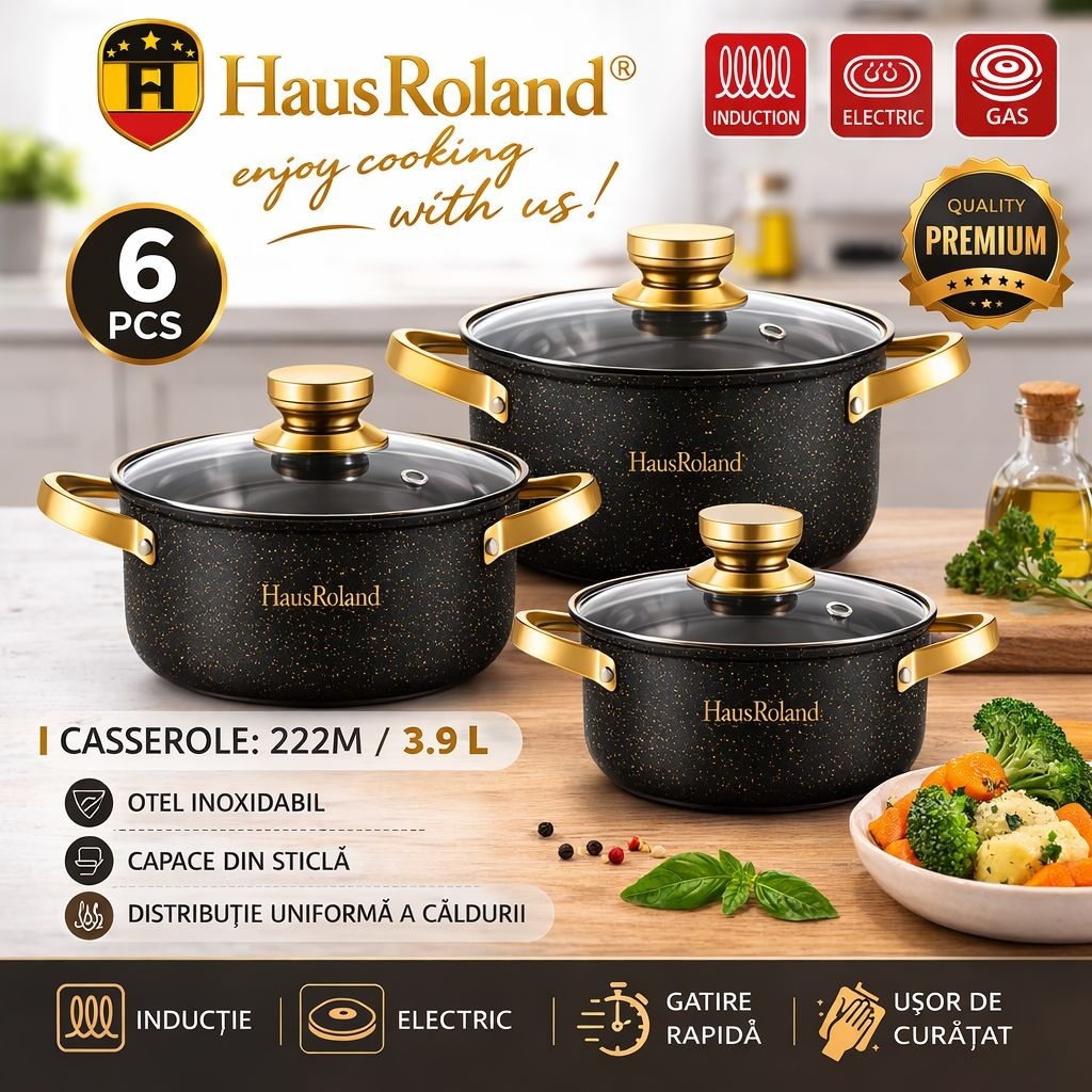 Set oale HausRoland cu înveliș granitat și capace din sticlă, 6 piese, negru 3