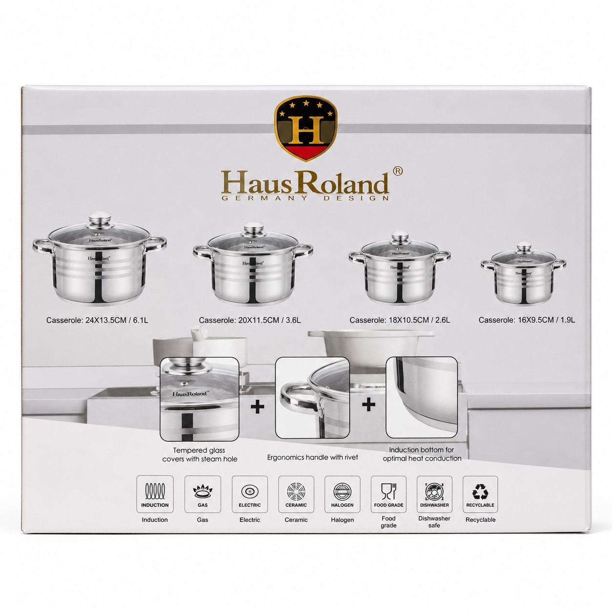 Set oale inox 8 piese HausRoland cu capac sticla, 1.9L–6.1L 2