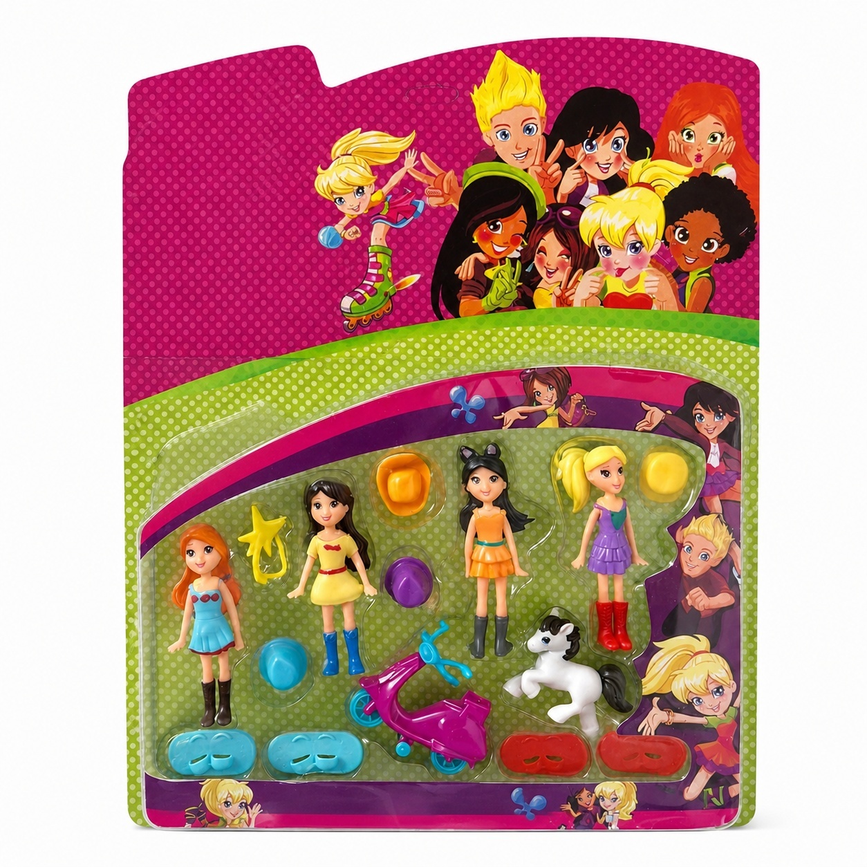 Set papusi mini cu accesorii, 4 figurine fetite cu scuter si calut, jucarie copii 44x36 cm 3