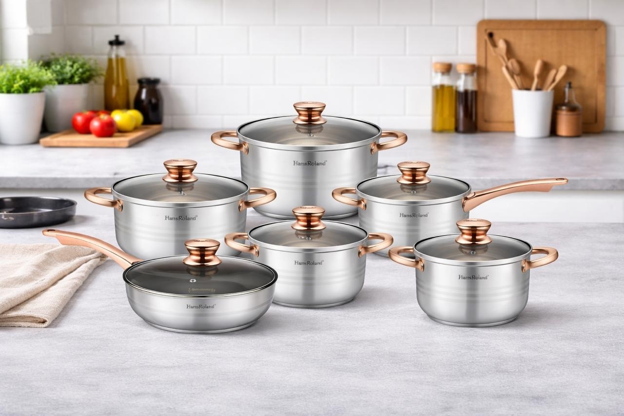 Set tigăi și oale din inox cu capace din sticlă, 10 piese, compatibil inducție, Argintiu cu bronze 3