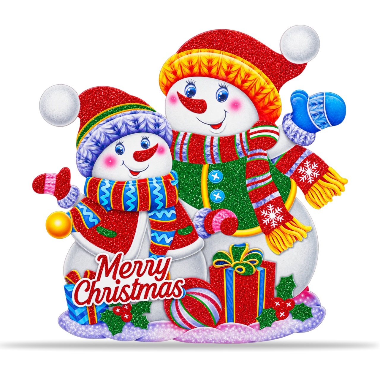 Sticker decorativ Craciun cu oameni de zapada, pentru geam, cu sclipici, 48x42cm