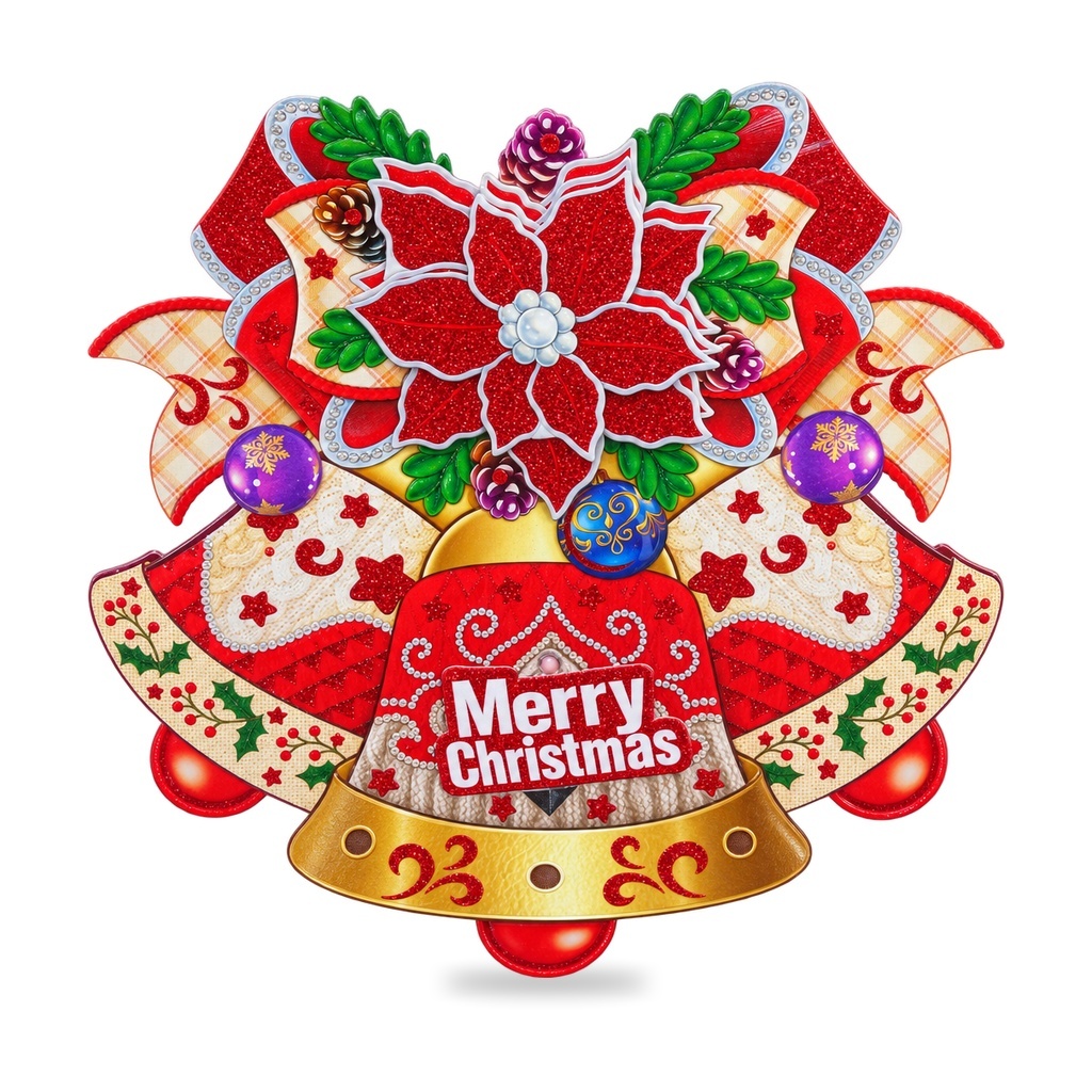 Sticker decorativ de Craciun cu clopotei, pentru geam sau perete, PVC cu glitter, 44x40