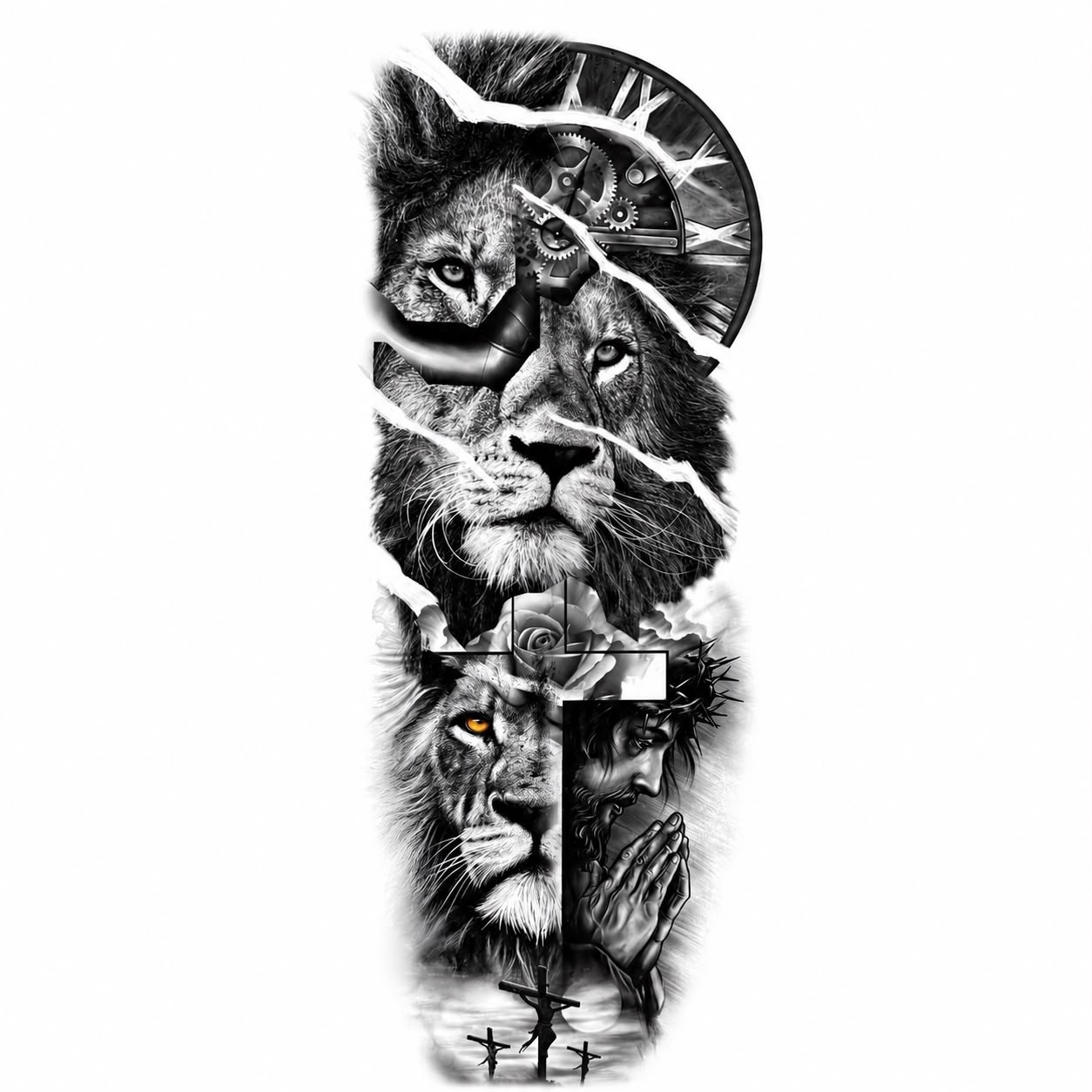 Tatuaj Semipermanent cu Leu, Ceas și Elemente Spirituale – 45 cm