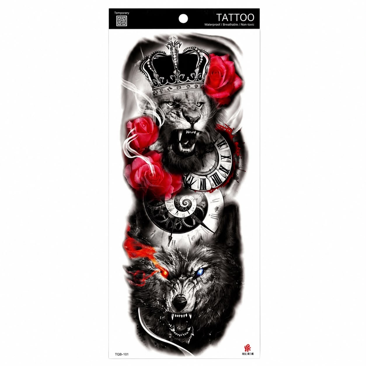 Tatuaj Semipermanent cu Leu Încoronat, Lup și Trandafiri Roșii – 45 cm