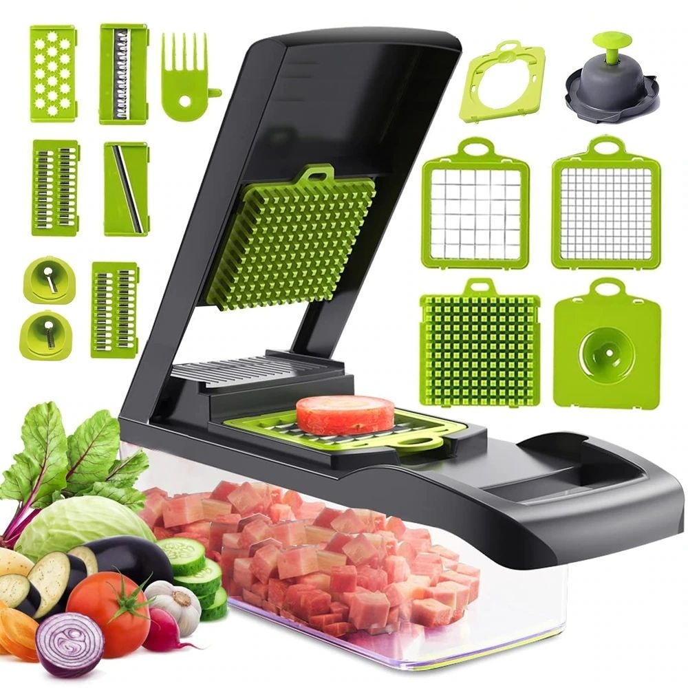 Tocator manual multifunctional legume 14 piese, feliere si cuburi, recipient colectare