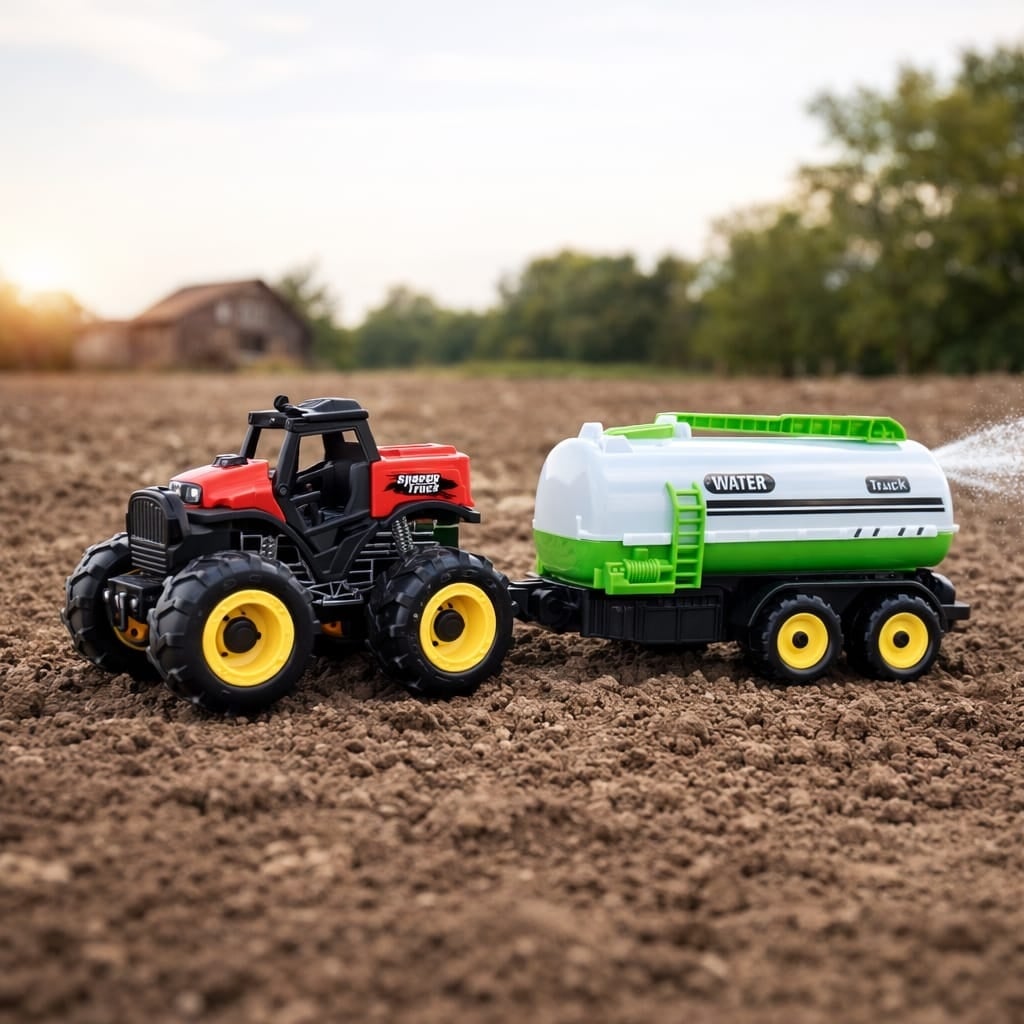 Tractor cu remorca cisterna apa, jucarie copii, rosu cu verde, Farm Car 3