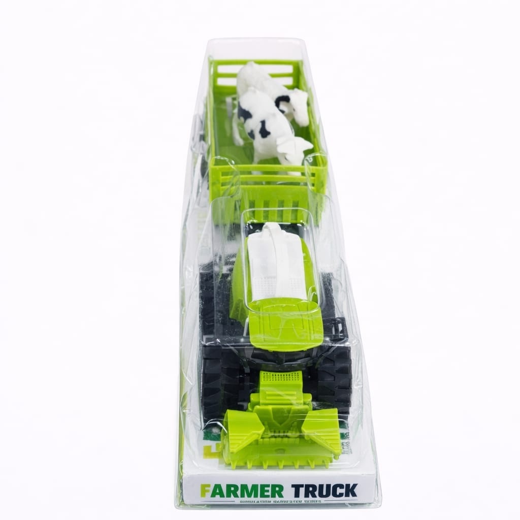 Tractor jucărie verde cu remorcă, din plastic, manevrare manuală 2