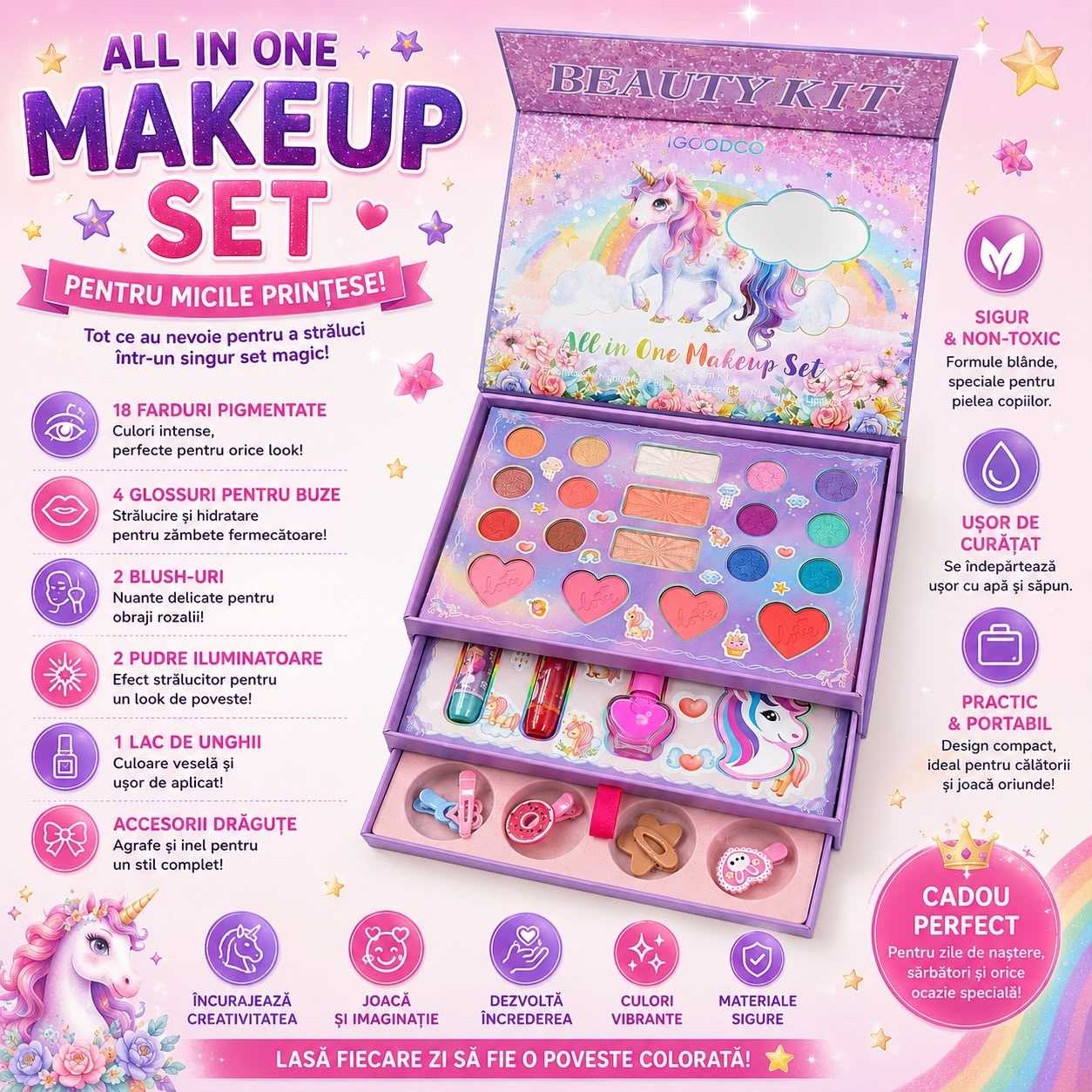 Trusă de Machiaj All in One pentru Copii cu Unicorn, Set Complet Cosmetice, 3+ Ani 2