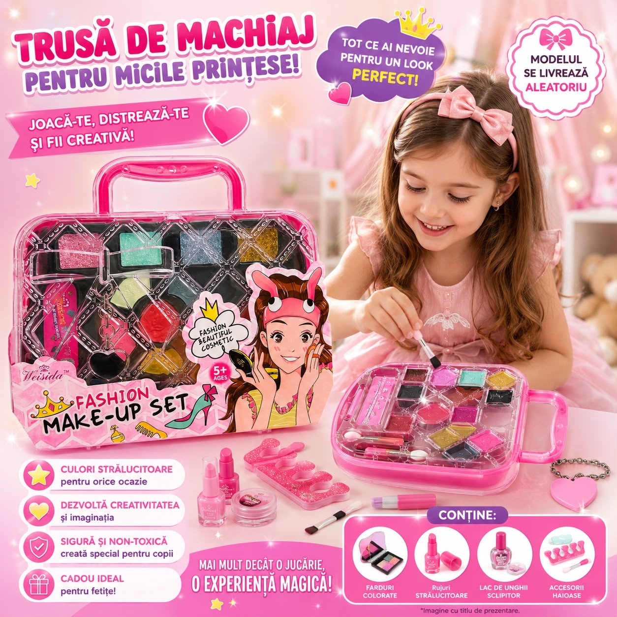 Trusă de Machiaj pentru Copii cu Farduri, Rujuri și Accesorii, Valiză Portabilă – Model Aleatoriu 2
