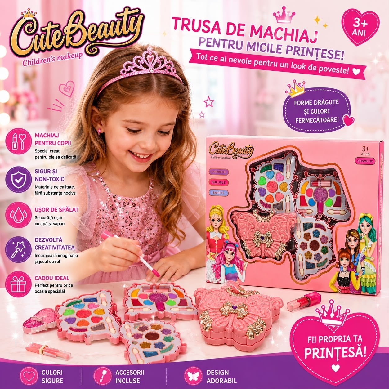 Trusă de Machiaj pentru Copii Cute Beauty – Set Machiaj Tip Fluture cu Farduri, Ruj și Accesorii 2