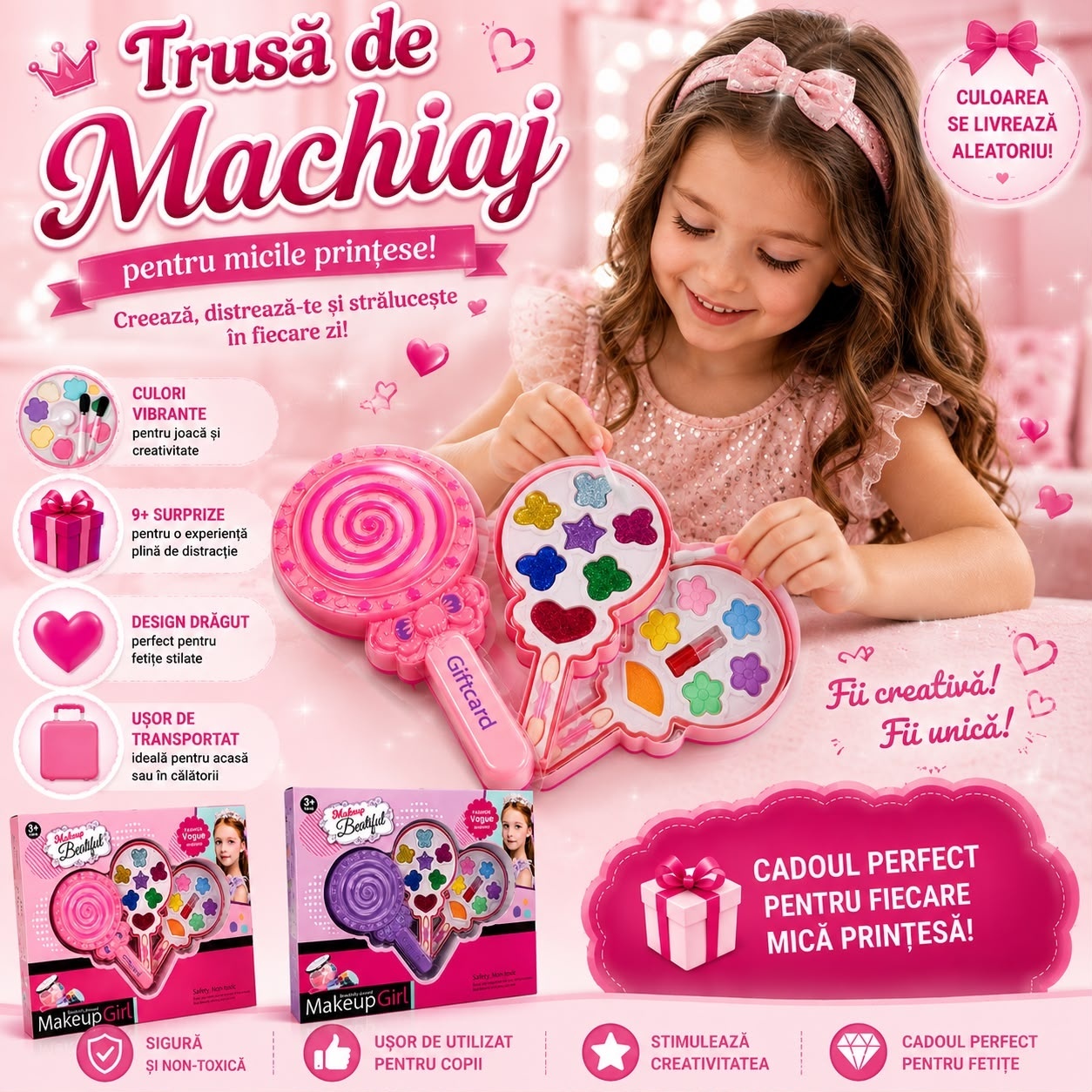 Trusă de Machiaj pentru Copii în Formă de Acadea, 9+ Accesorii, Culoare Aleatorie 4