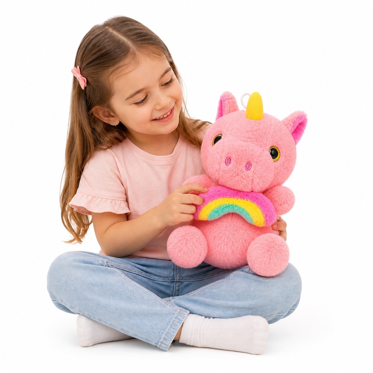 Unicorn de plus 25cm roz cu curcubeu, jucarie moale copii 3