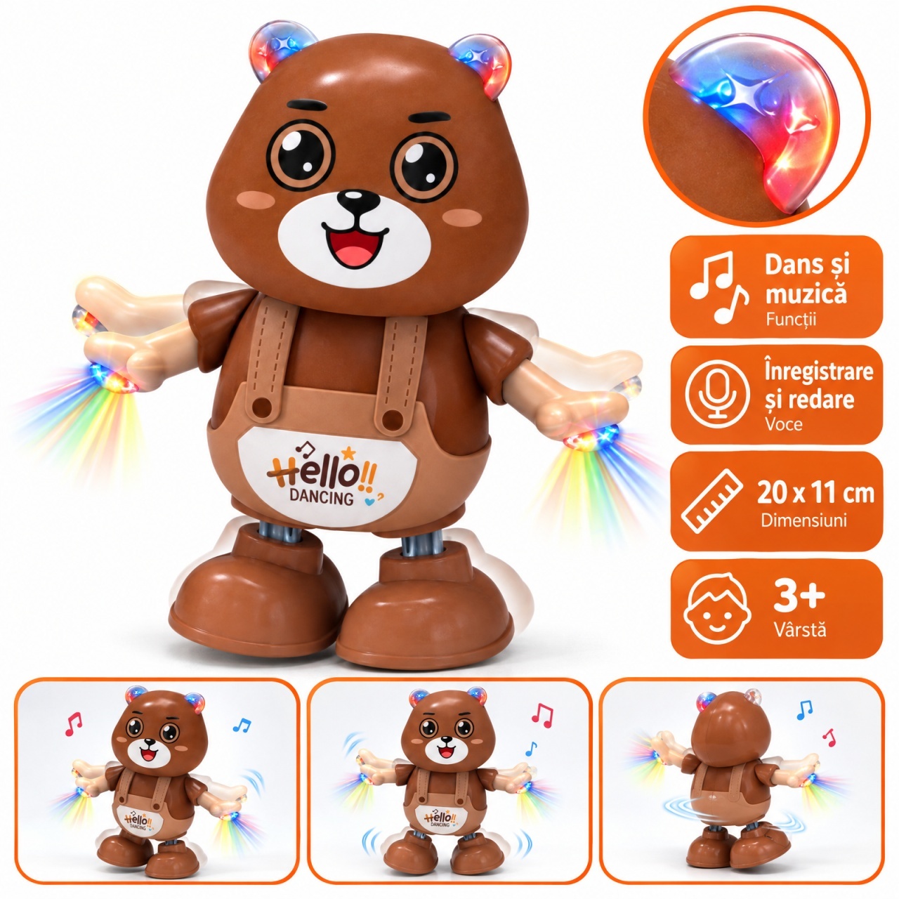 Ursulet dansator interactiv cu lumini si sunete, functie inregistrare voce, 20x11 cm