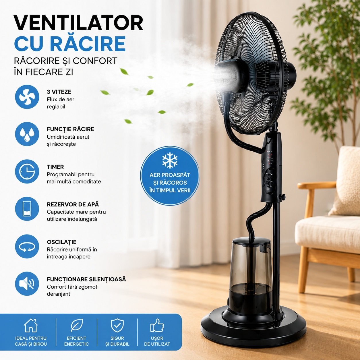 Ventilator cu Umidificator și Funcție de Răcire, Negru, 60 x 25.5 x 46 cm, 3 Viteze, 3 Lame, 220V