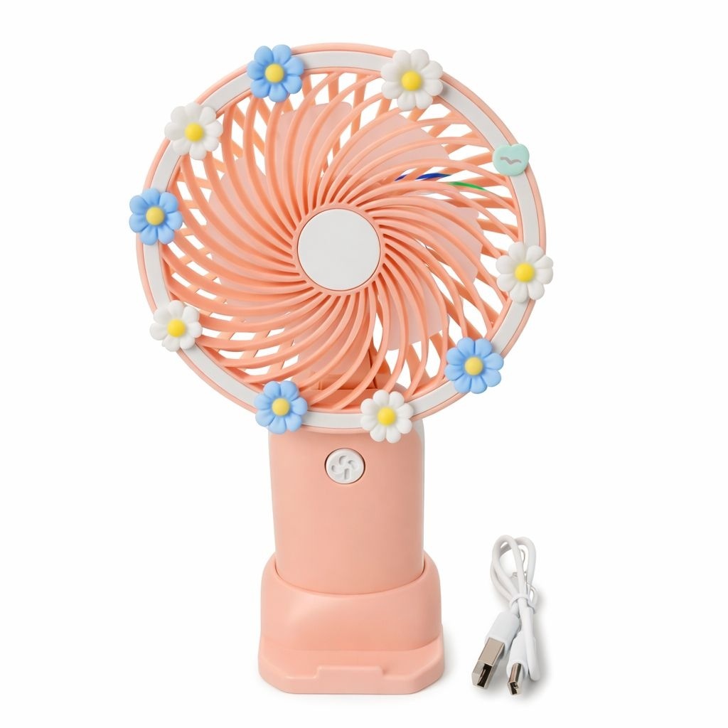 Ventilator portabil mini cu suport, USB, 3 viteze, design floral, somon 2