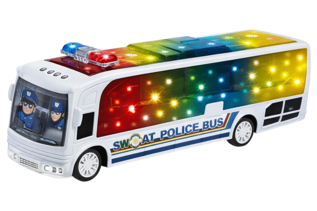 Autobuz de politie cu lumini 5D si sunete, bump and go, multicolor