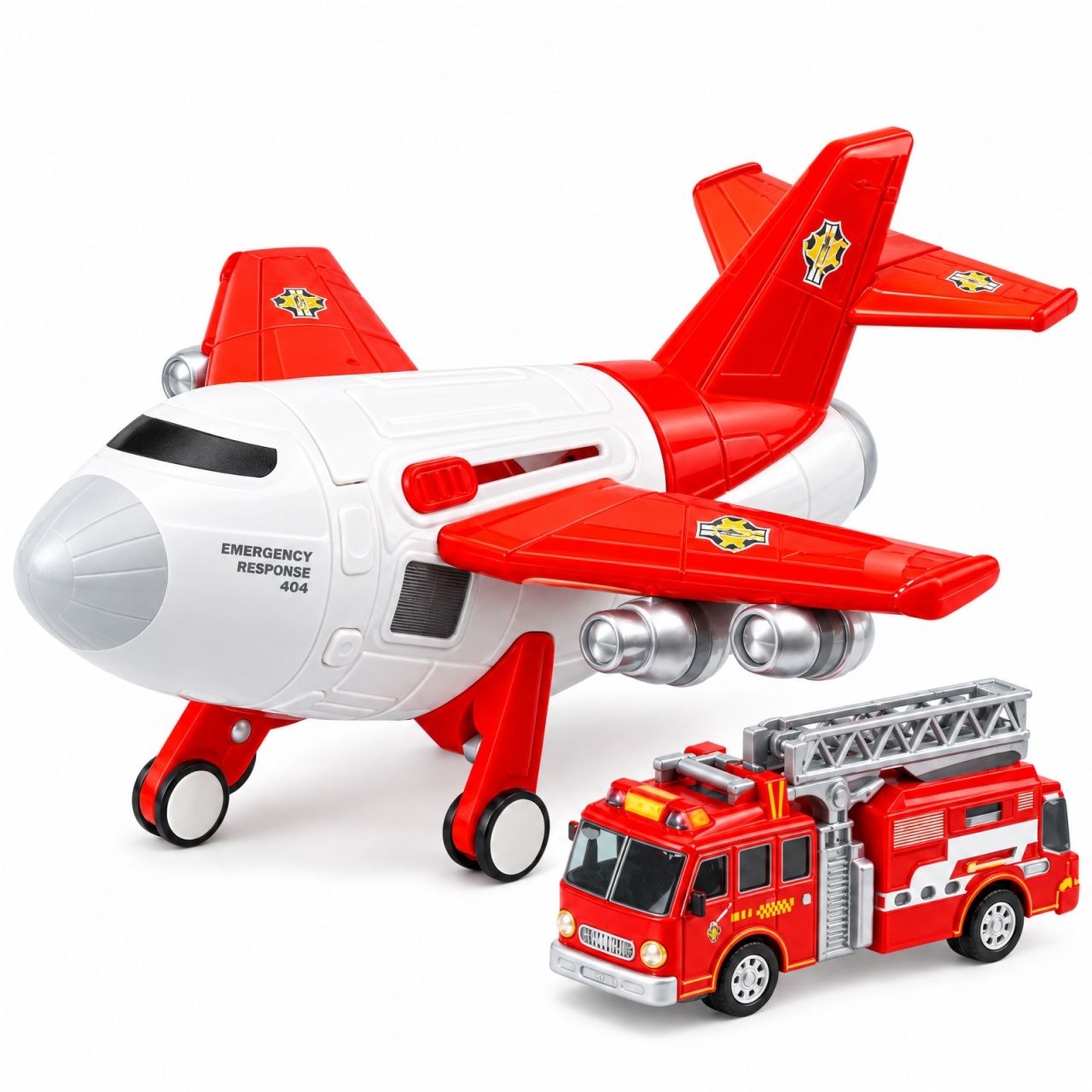 Avion de jucarie cu lansator masini si masina pompieri metalica, set copii 3+