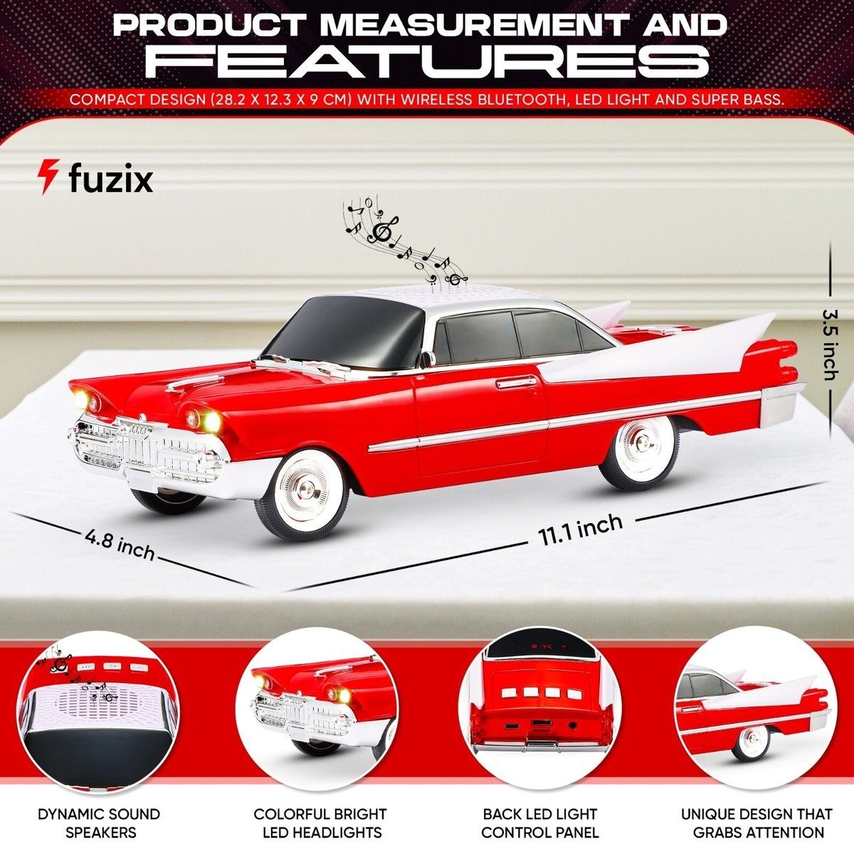 Boxa portabila Bluetooth masina retro, radio FM, USB, TF, AUX, LED, Type-C, rosu 4