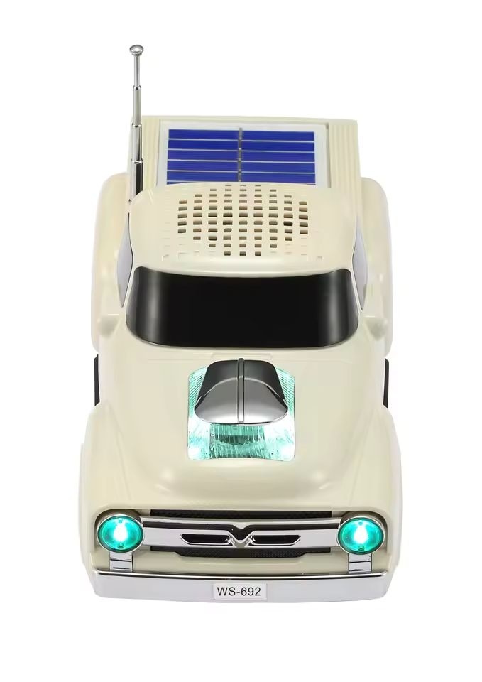 Boxa portabila Bluetooth masina vintage, radio FM, panou solar, lumini LED, alb laptos 3