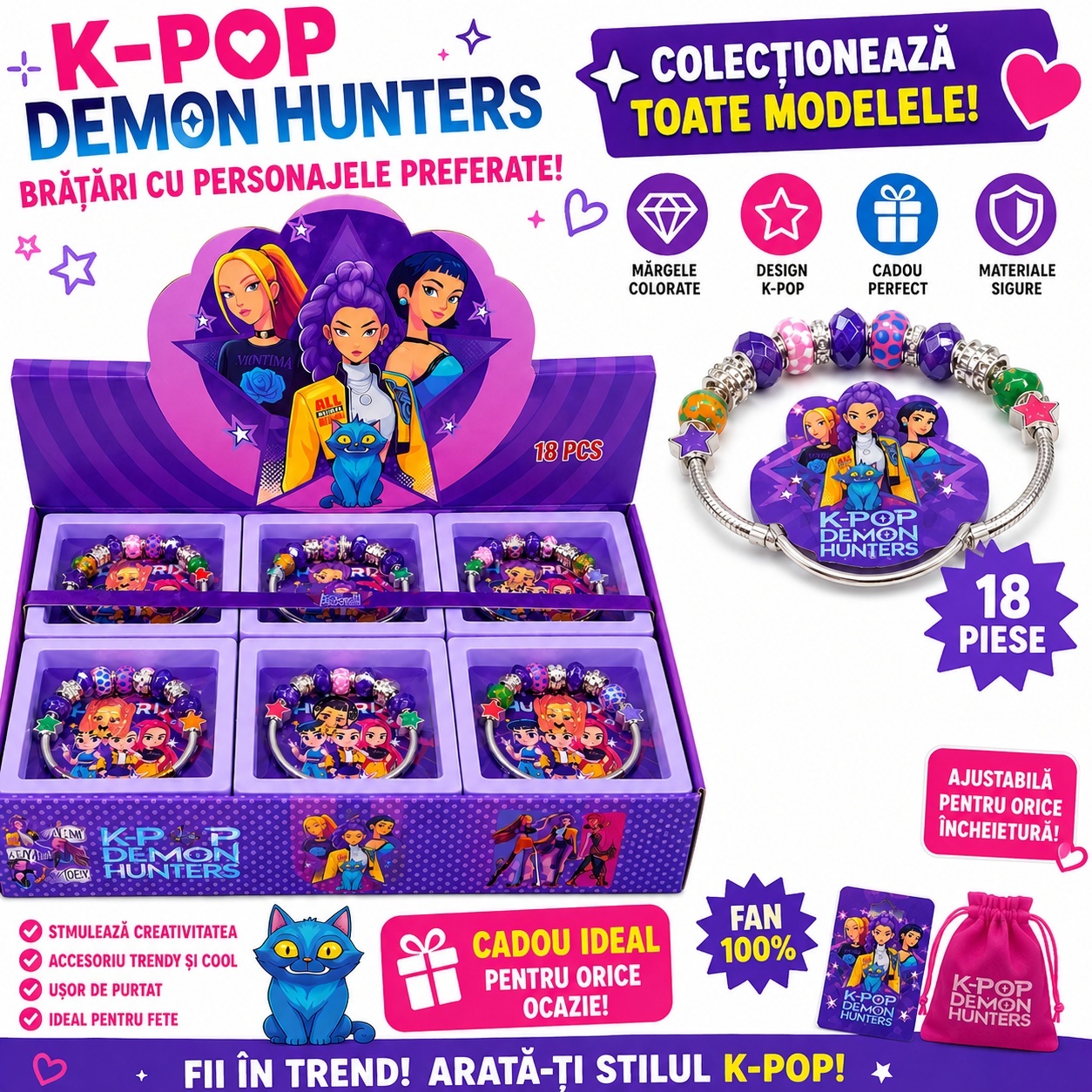 Bratara Fashion pentru Fete, Model Demon Hunters, cu Margele Colorate si Charm Decorativ