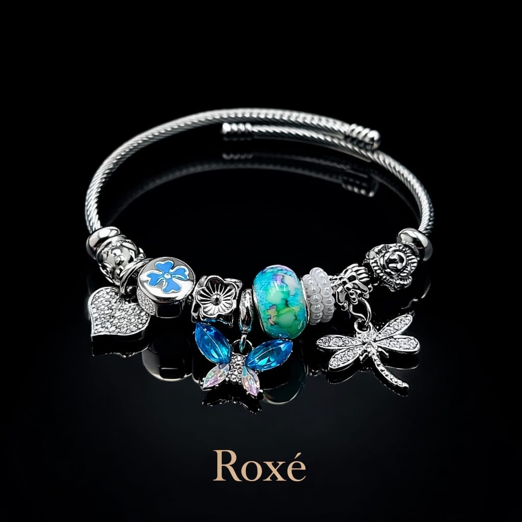 Bratara ROXE argintie cu fluture libelula si inimioara charmuri elegante 2