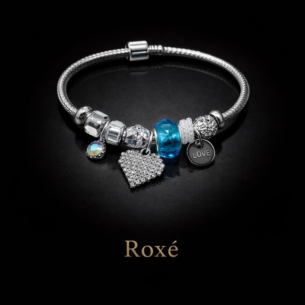 Bratara ROXE argintie cu inima si piatra accent charmuri elegante dama 3
