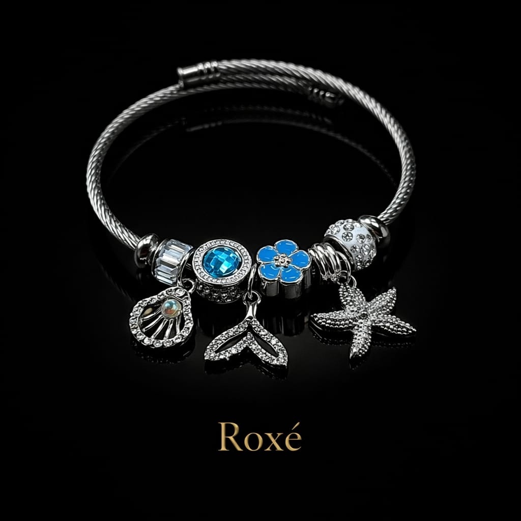 Bratara ROXE argintie cu scoica coada de sirena si stea de mare charmuri 3