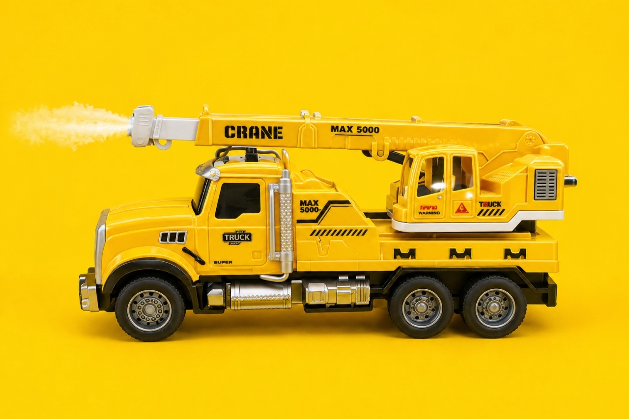 Camion cu macara si functie spray, lumini si sunet, galbena, jucarie copii, 24 x 13 cm