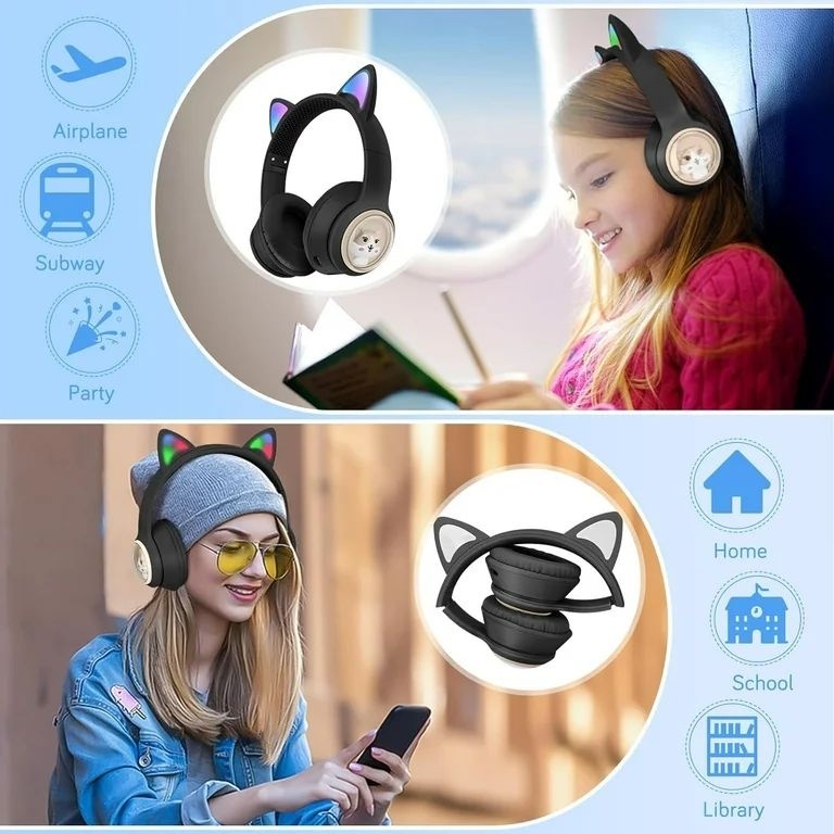 Casti wireless Bluetooth cu urechi de pisica LED, pliabile, pentru copii si adulti, negre 3