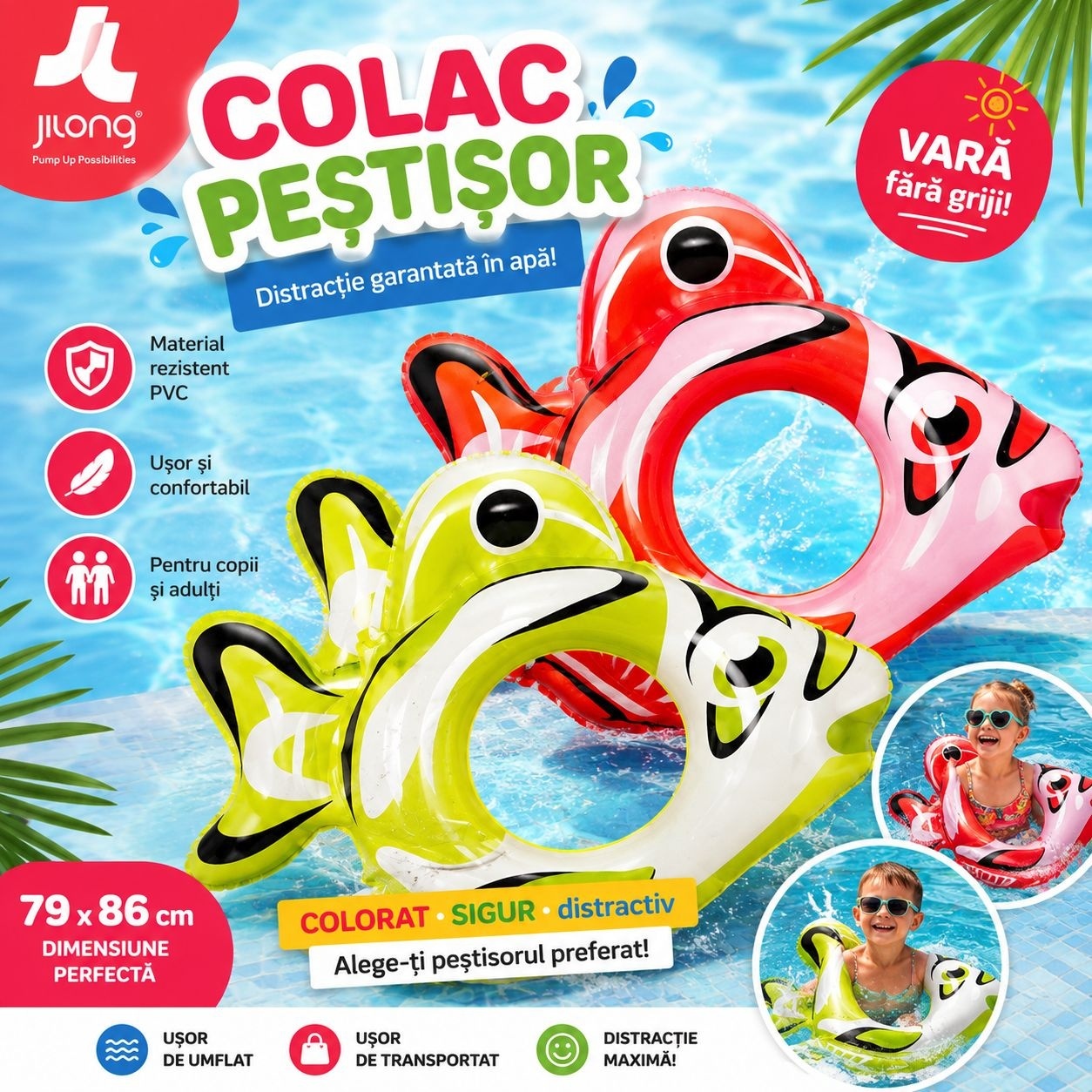 Colac Gonflabil Înot Verde în Formă de Peștișor Tropical, 79 x 86 cm, PVC Rezistent, pentru Copii 3+ 3