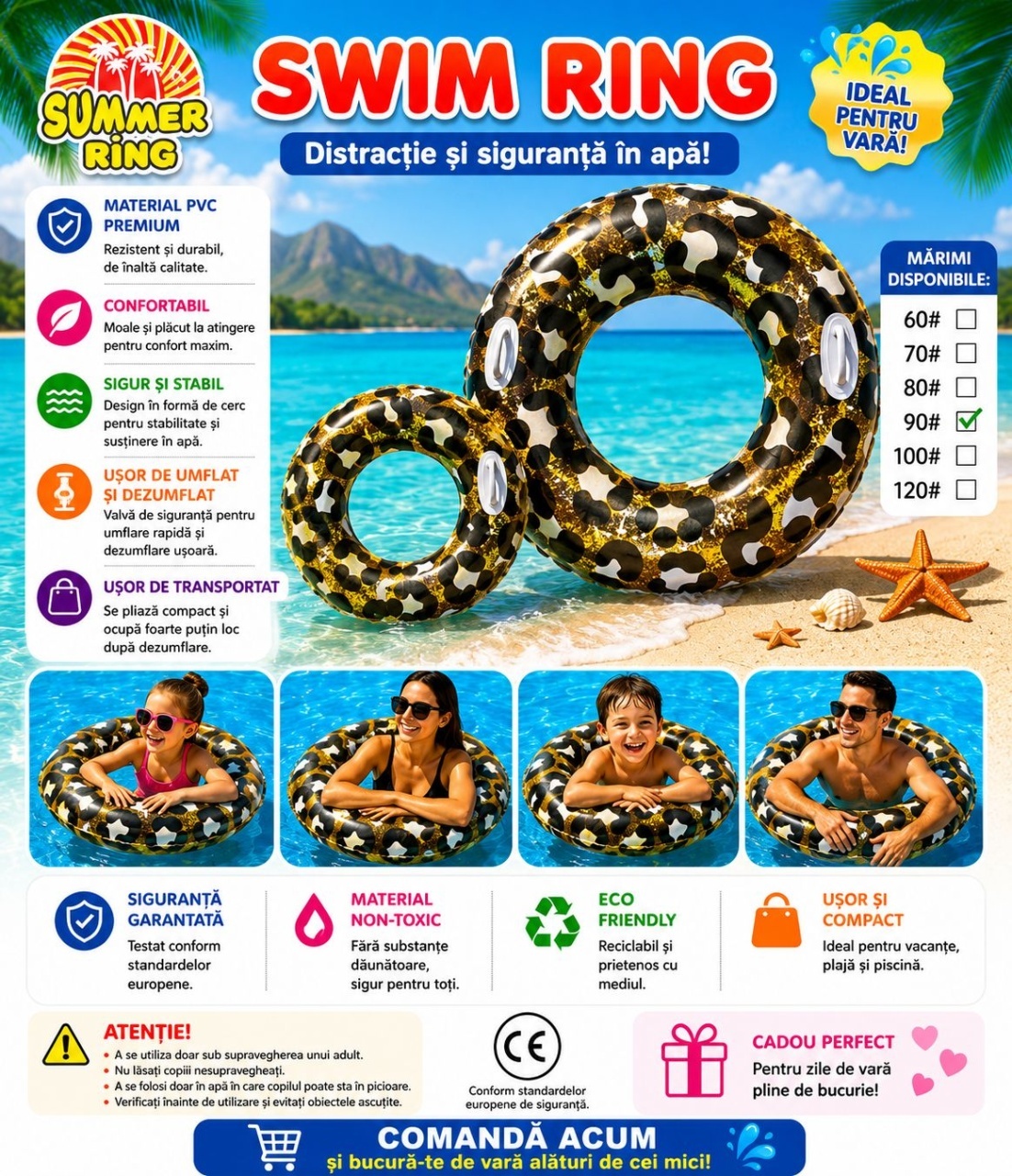 Colac Gonflabil Leopard 120 cm – Colac de Înot cu Model Animal Print pentru Piscină și Plajă 2