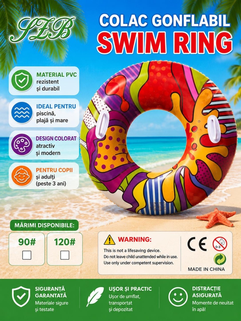 Colac gonflabil multicolor pentru copii si adulti, 90 cm, ideal piscina si mare 2