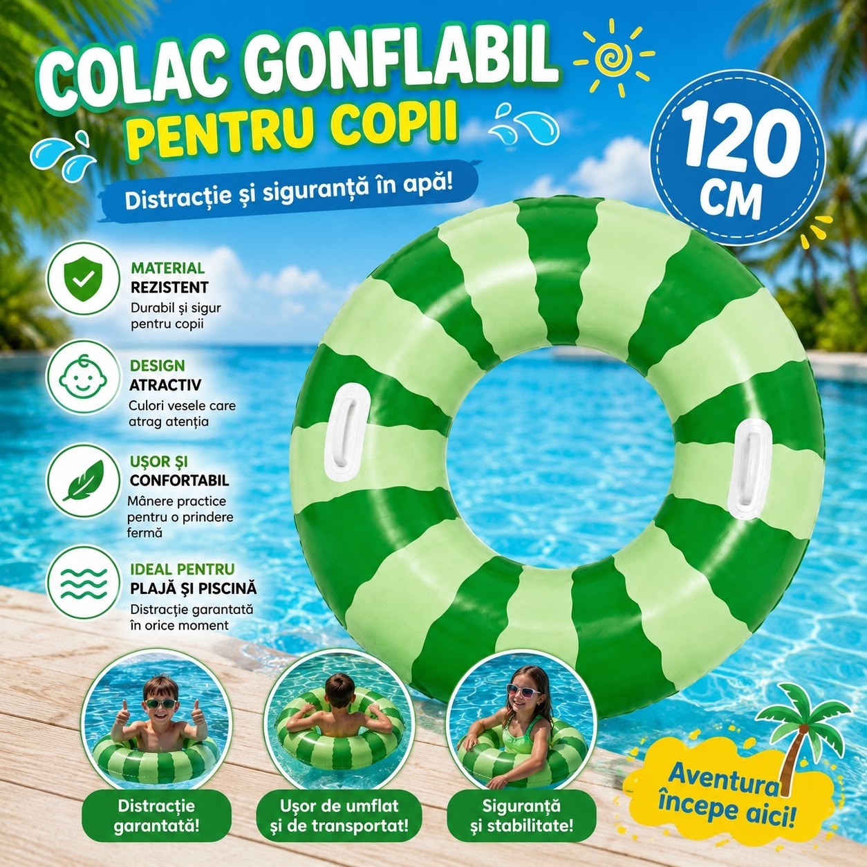 Colac Gonflabil Pepene Verde pentru Copii, 120 cm – Colac de Înot cu Mânere pentru Piscină și Plajă 2