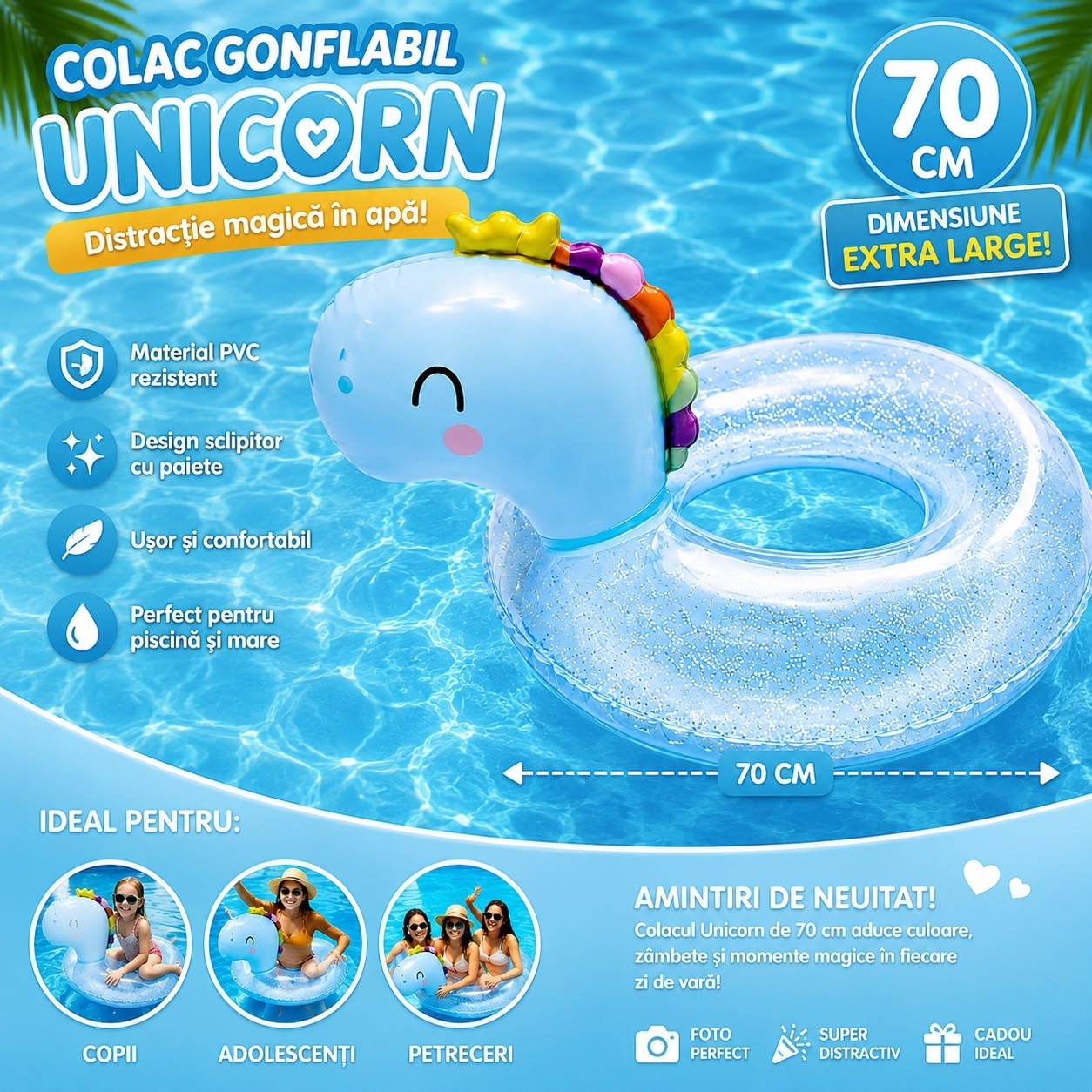 Colac Gonflabil Unicorn cu Paiete, 70 cm – Colac de Înot pentru Copii și Adulți, Piscină și Plajă 2