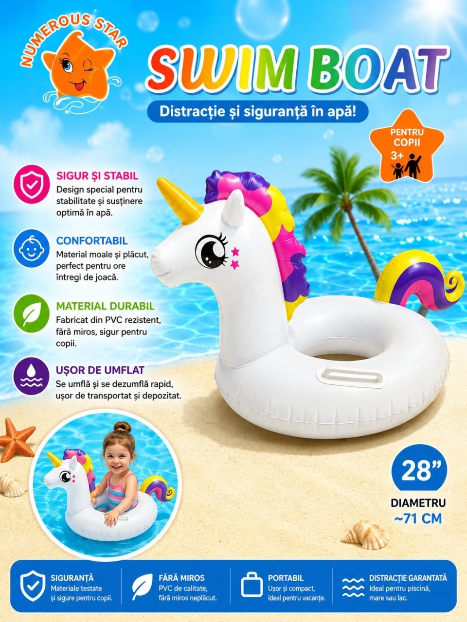 Colac Gonflabil Unicorn pentru Copii – 71 cm, Model Alb cu Coamă Colorată 2