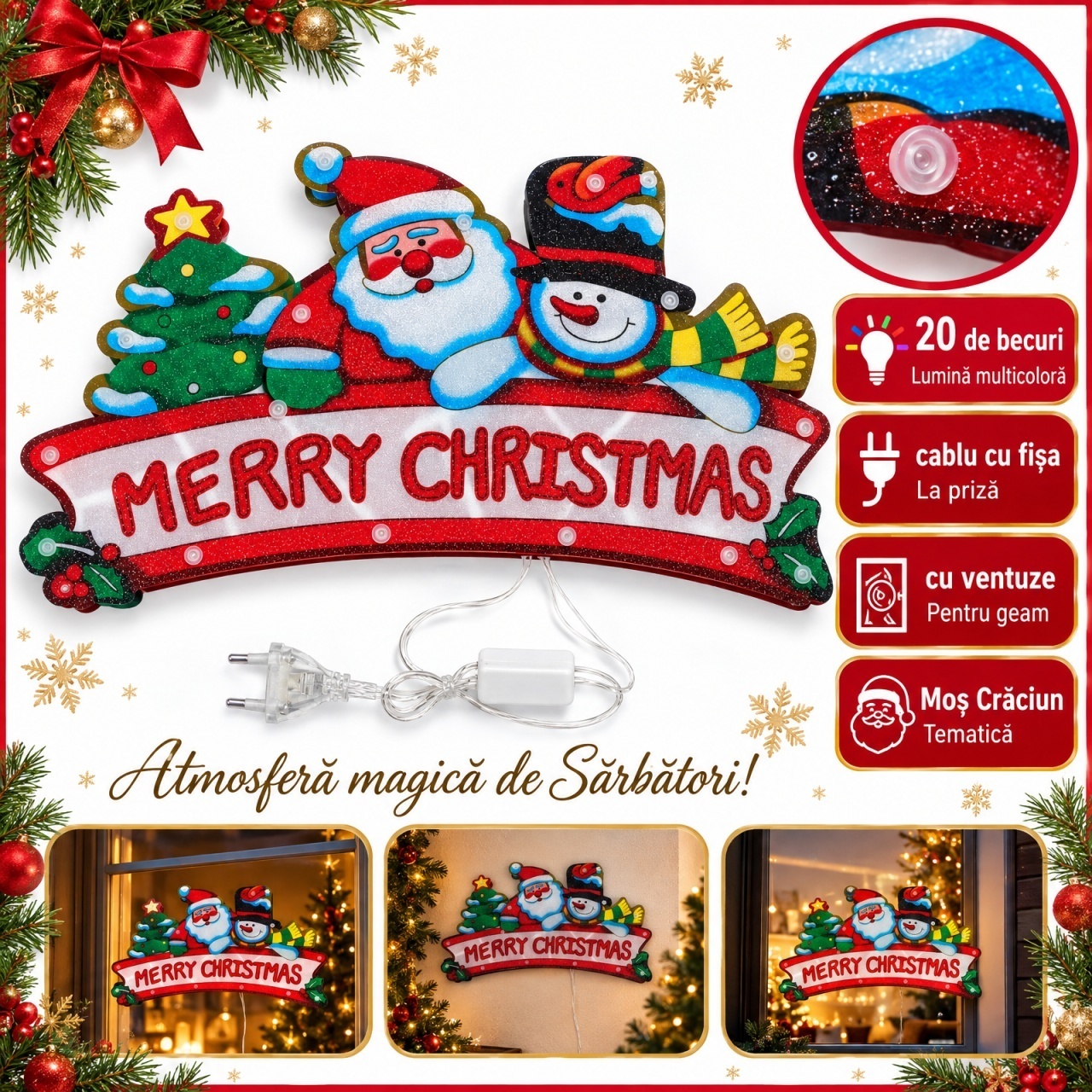 Decorațiune luminoasă de Crăciun pentru geam, Merry Christmas, 20 LED-uri, 58x35 cm