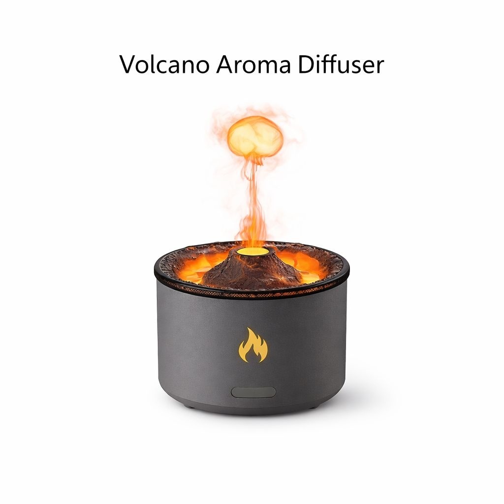 Difuzor aroma tip vulcan cu efect lava si flacara LED, umidificator si aromaterapie