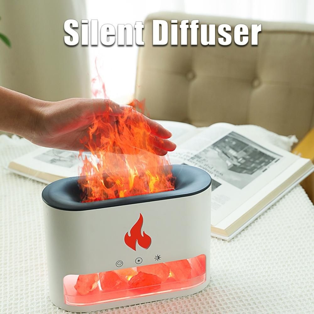 Difuzor aromaterapie flacara LED cu sare Himalaya, umidificator aer silentios USB, alb 5