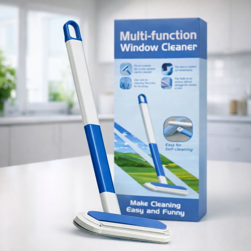 Dispozitiv multifunctional de curatat geamuri, telescopic, plastic, albastru cu alb 2