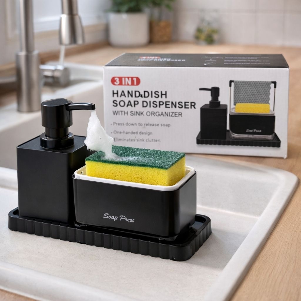 Dozator detergent vase 3 în 1 cu suport burete și organizator pentru chiuvetă 2