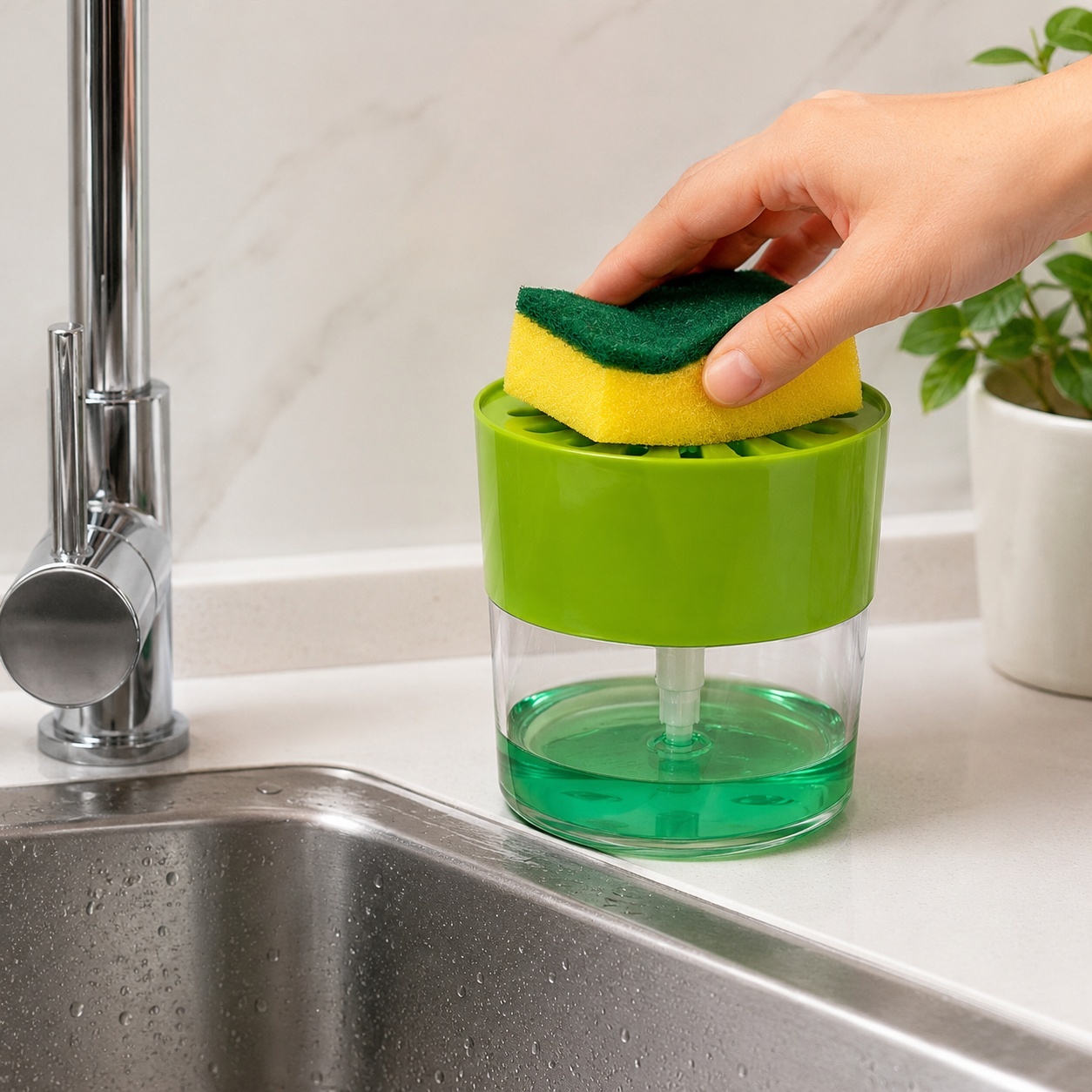 Dozator Sapun Bucatarie cu Burete Inclus, Recipient Detergent Vase, Dispenser Manual pentru Chiuveta, 13x12 cm, Verde 3