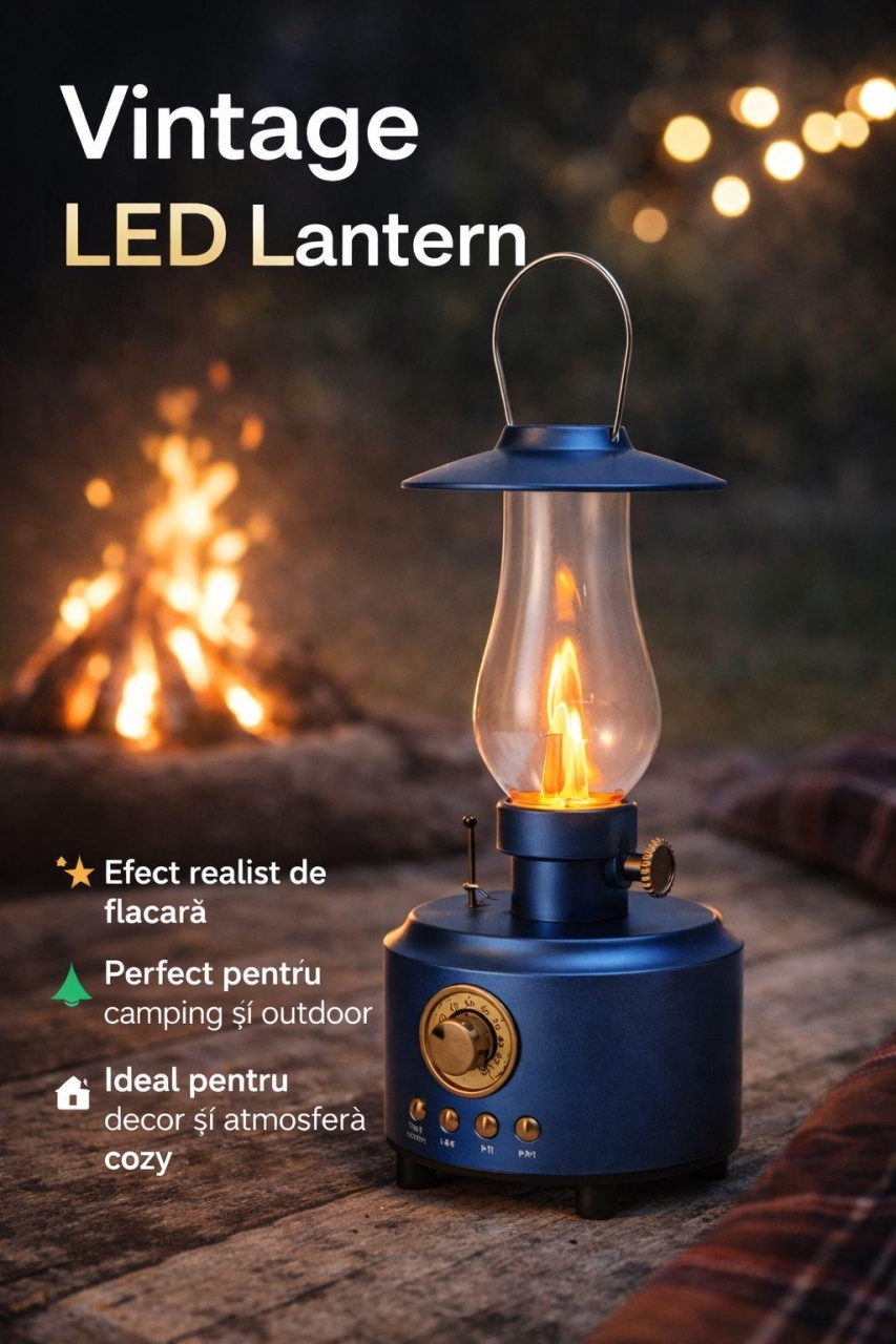 Felinar LED vintage cu efect flacara realist, boxa wireless, USB si TF, decor ambient si camping, albastru 2