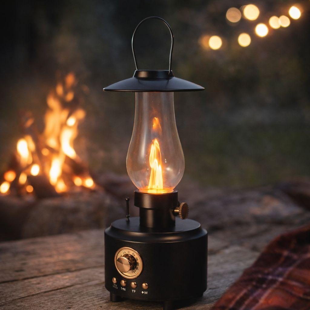 Felinar LED vintage cu efect flacara realist, reincarcabil, decor ambient si camping, culoare negru 3